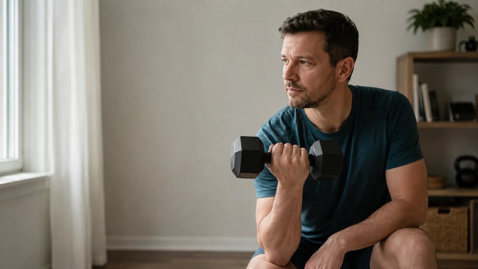 man gripping dumbbell at home during TRT recovery workout