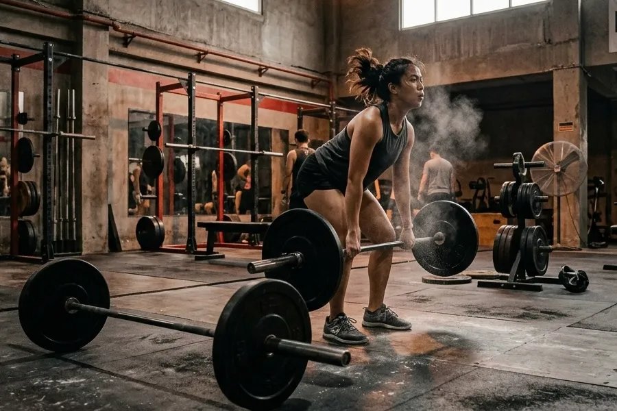 Gym floor during resistance training session with barbell and chalk dust