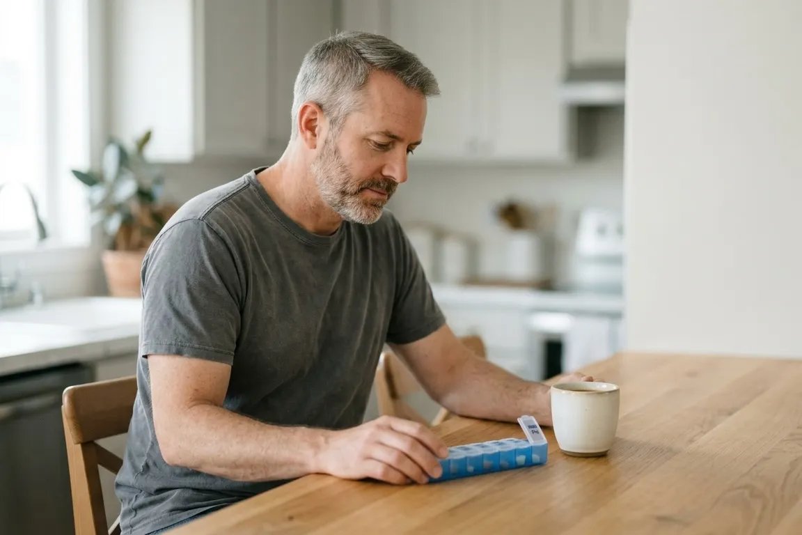 Man reviewing TRT medication options at kitchen counter