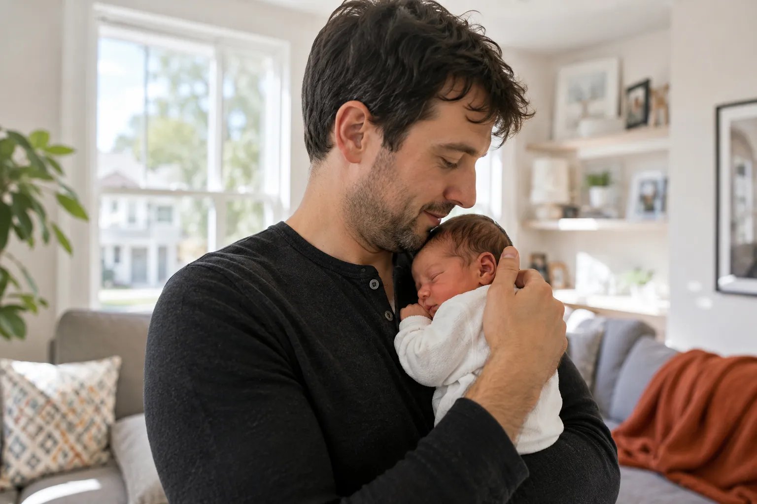 New father holding his newborn in soft daylight, illustrating fertility preserved while on TRT