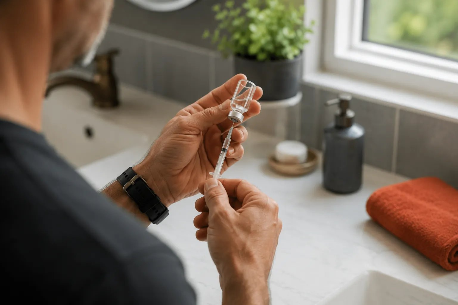 Close-up of a man's hands preparing a subcutaneous testosterone injection at a sunlit counter
