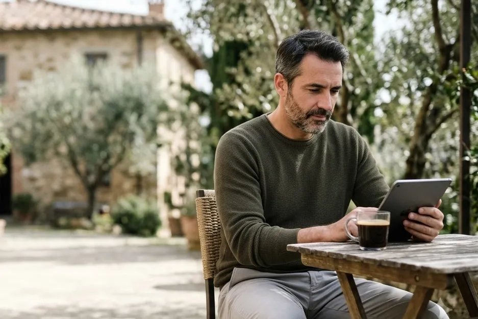 Man reviewing lab results on tablet during morning telehealth visit