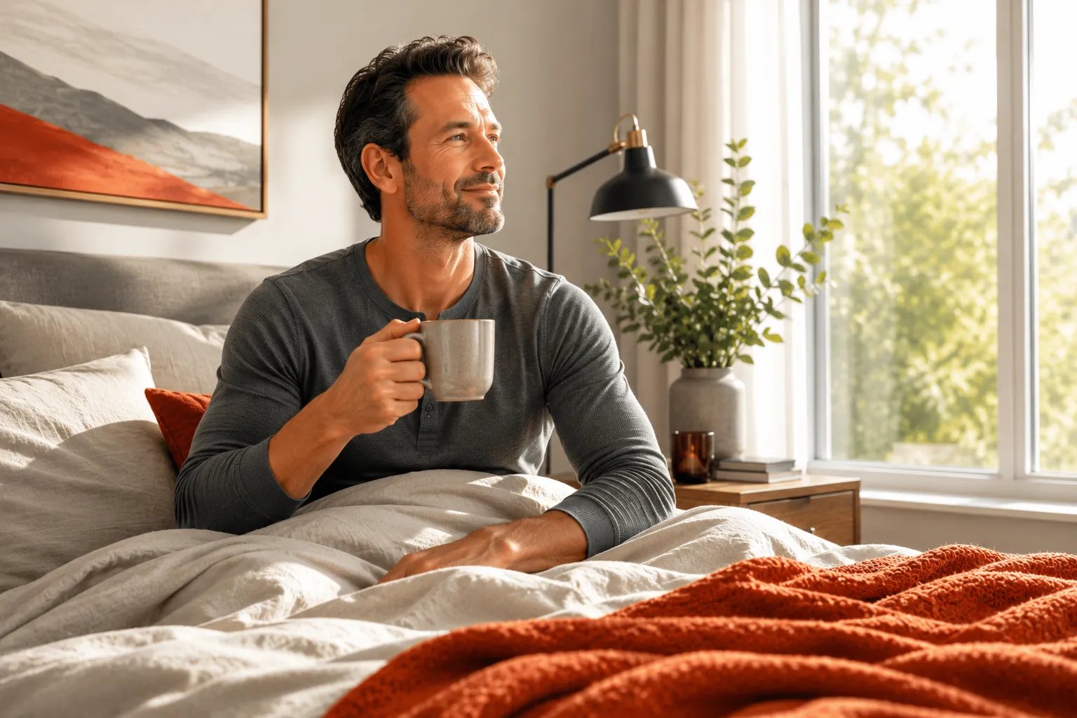 Rested man with coffee in morning light, illustrating how sleep affects testosterone