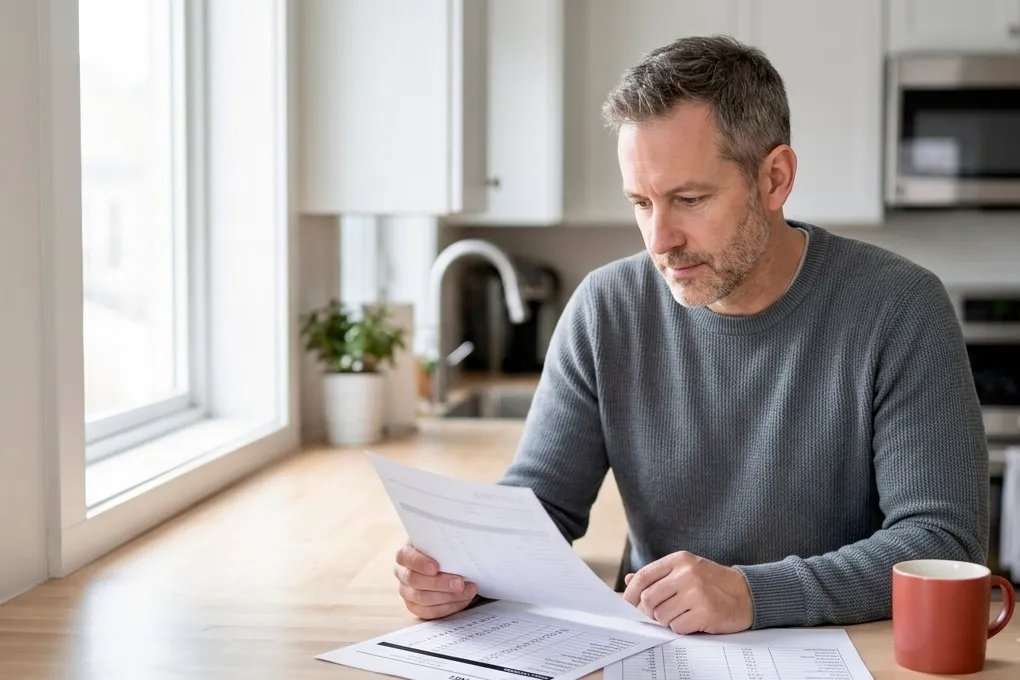 Man reviewing hormone lab results at kitchen counter pregnenolone and TRT