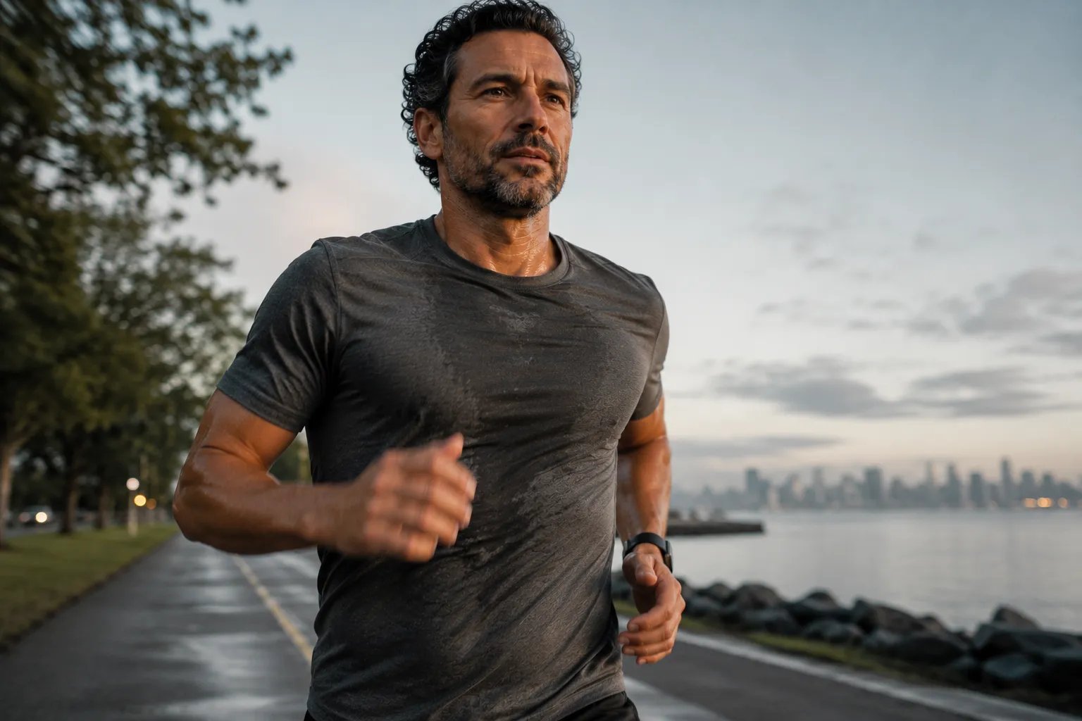 Man running at dawn while researching the best online TRT provider