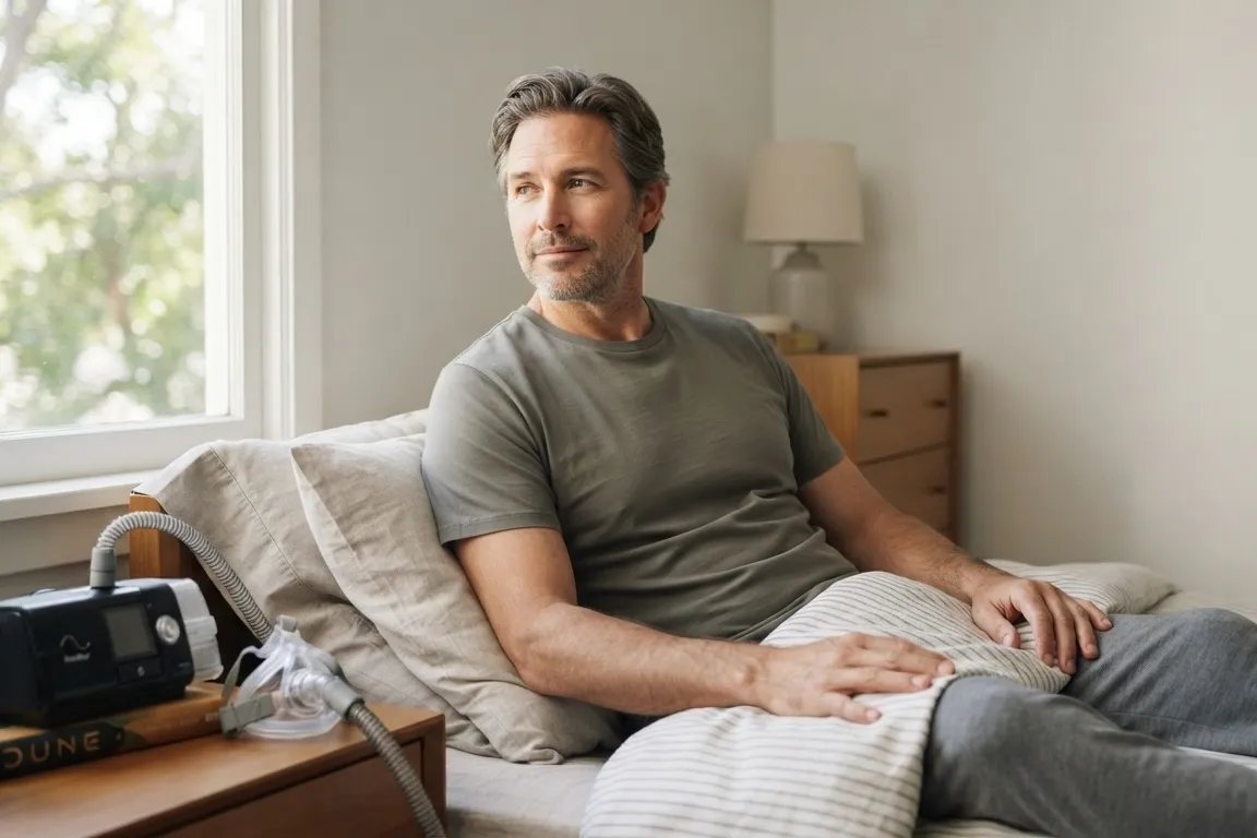 Man with sleep apnea waking up in morning