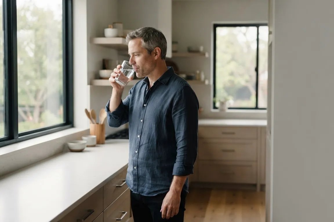 Man drinking water in sunlit kitchen during TRT routine