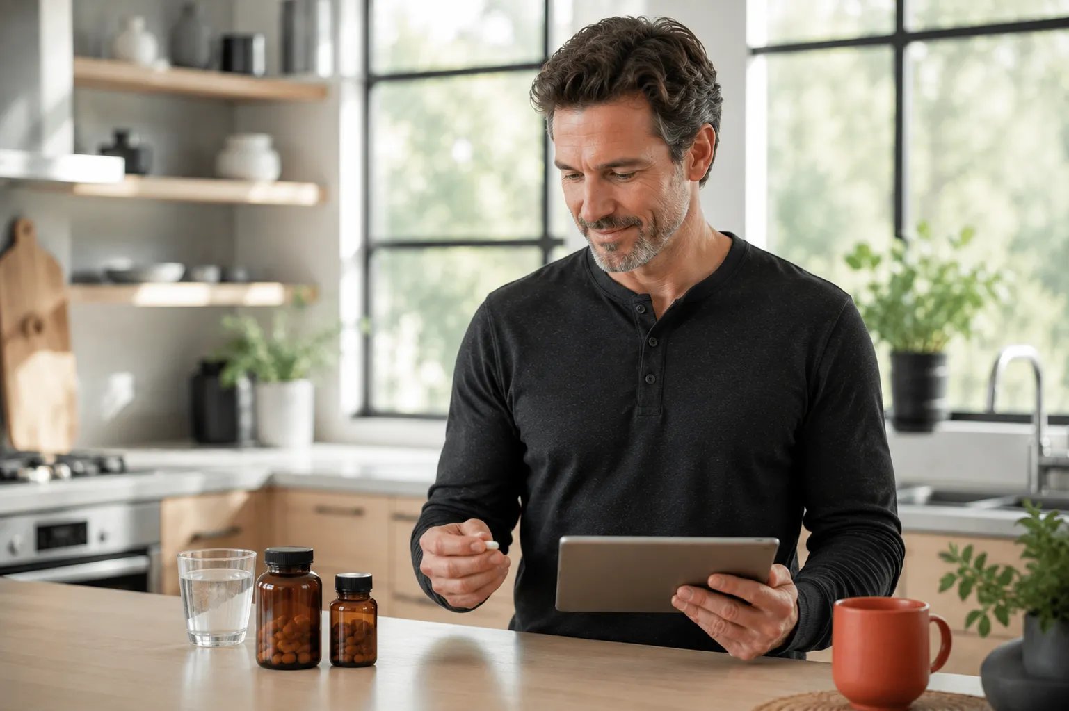 Man comparing natural testosterone boosters and TRT while checking lab results in a bright kitchen