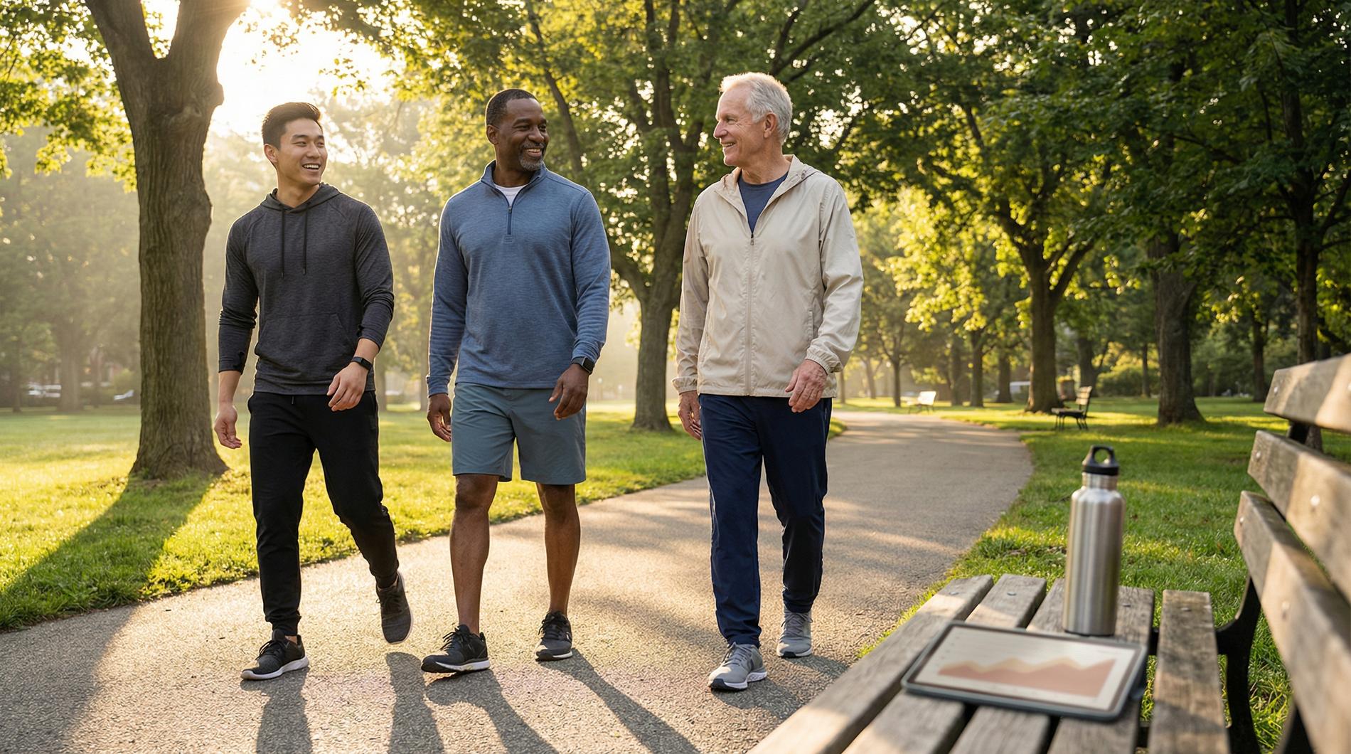 men of different ages walking in park