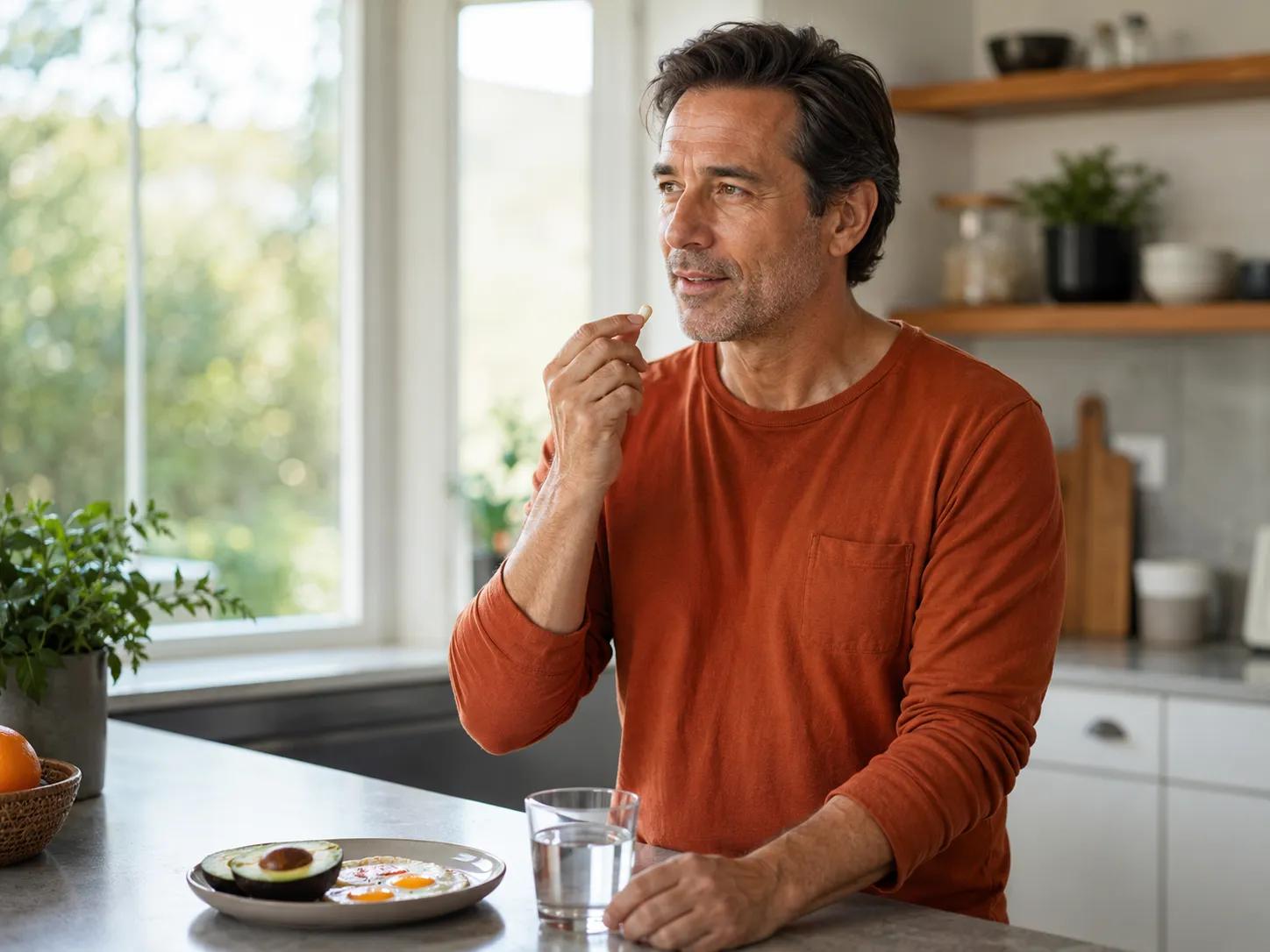 Man taking an oral testosterone capsule with breakfast while weighing Kyzatrex vs injectable testosterone