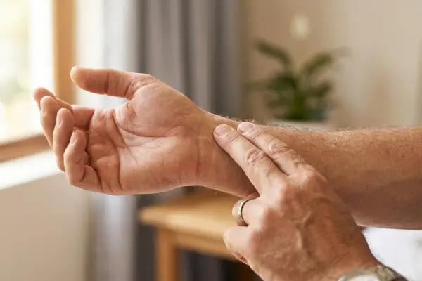 Person checking resting heart rate by measuring pulse on wrist in the morning