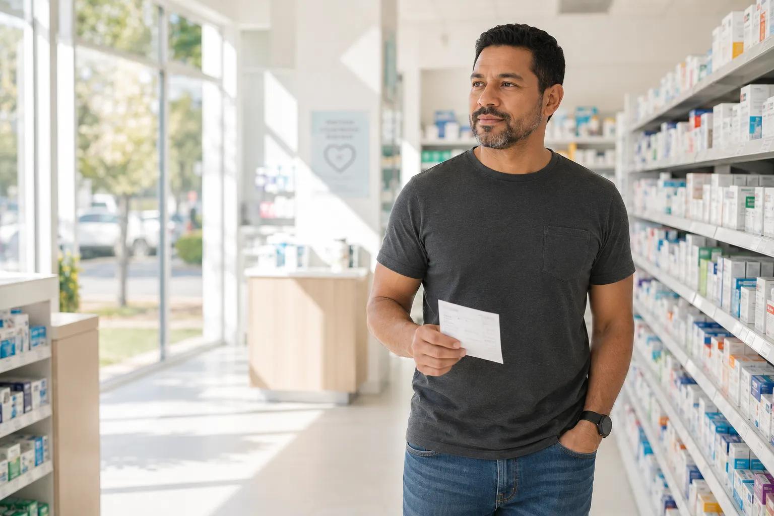 Man walking through pharmacy aisle with testosterone prescription