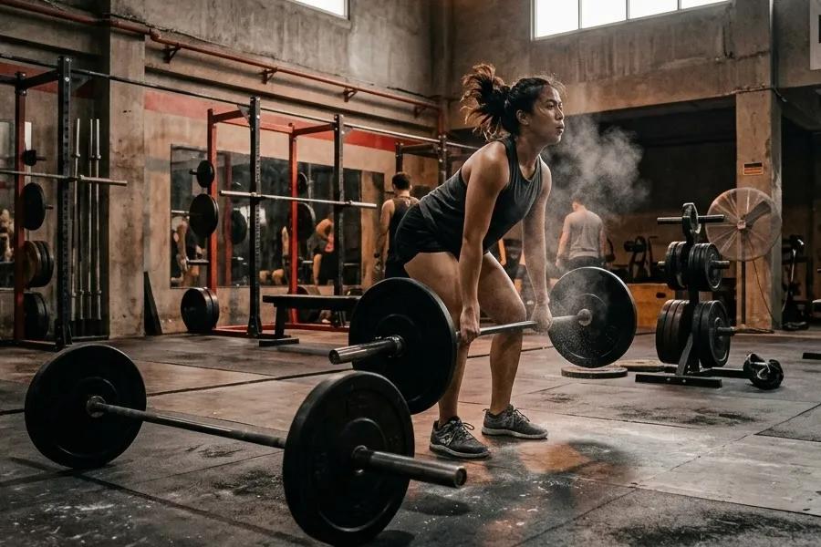 Gym floor during resistance training session with barbell and chalk dust