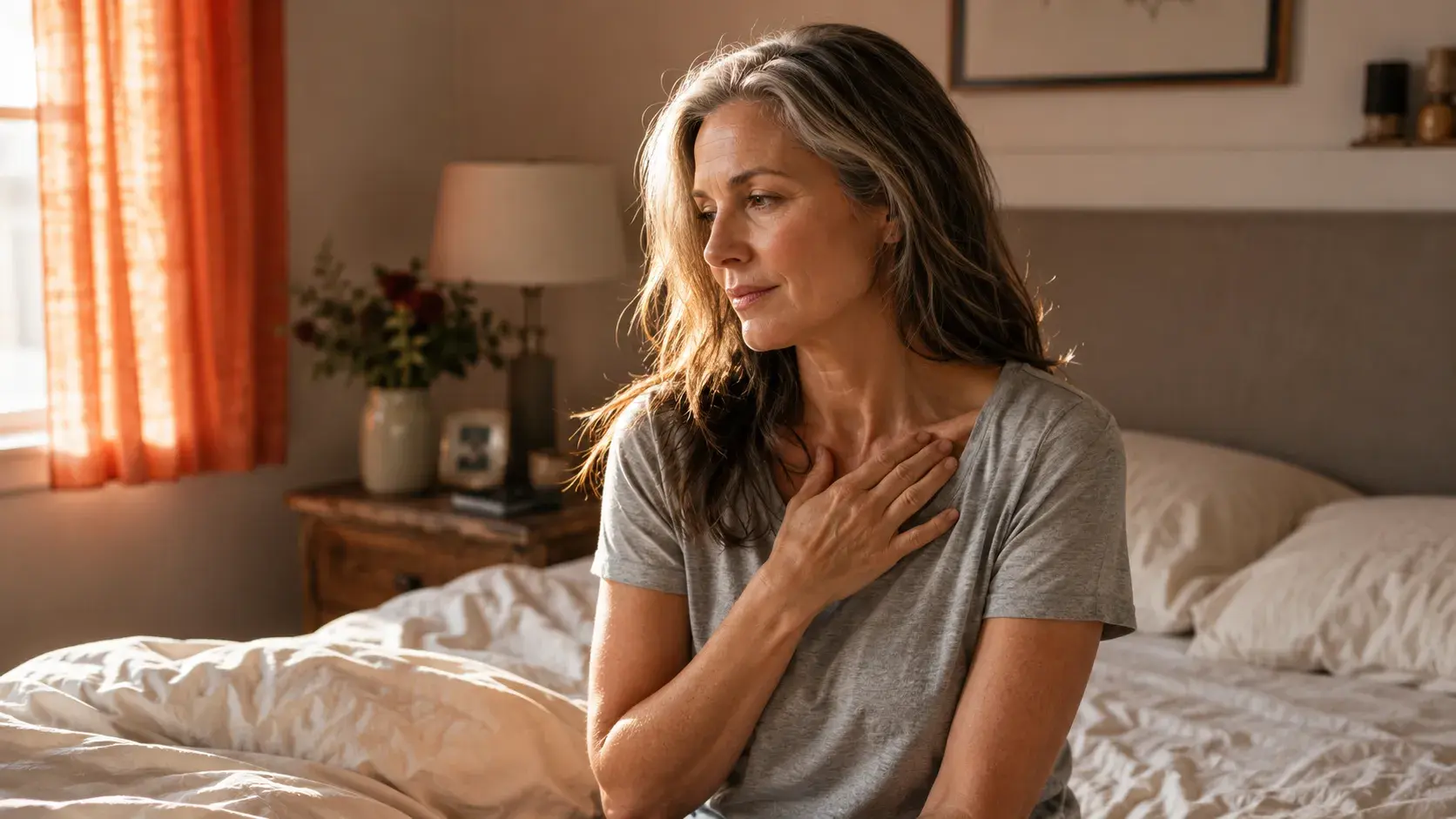 Woman in her 50s sitting on the edge of a bed at dawn, reflecting on cardiovascular health changes after menopause.