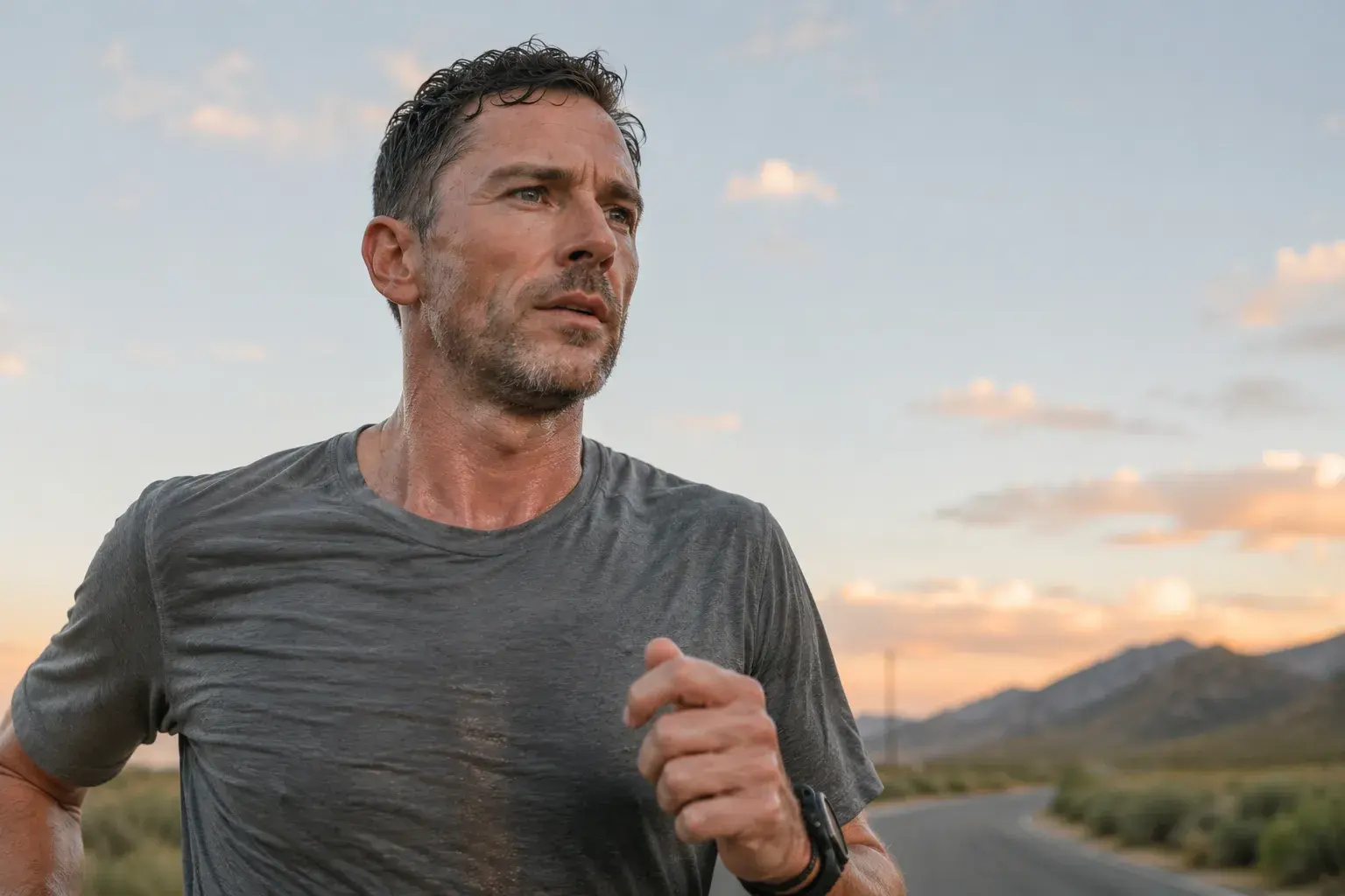 Man in his 40s running outdoors at sunrise, captured mid-stride with soft morning light and a blurred mountain backdrop.