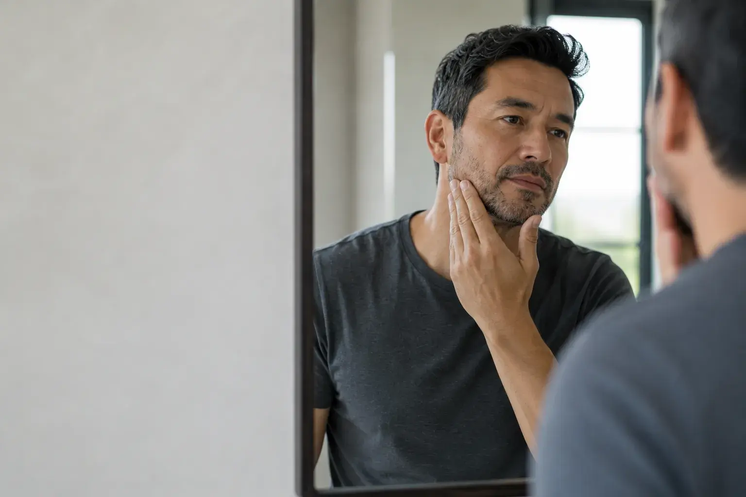 Man checking jawline in mirror during TRT facial changes