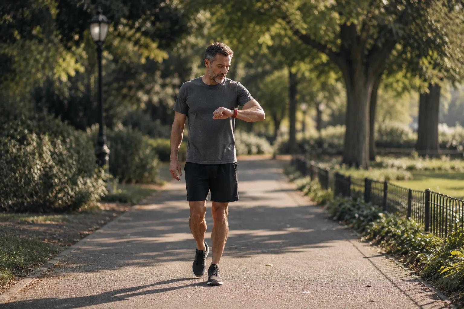 Man checking workout progress during a walk for testosterone and longevity