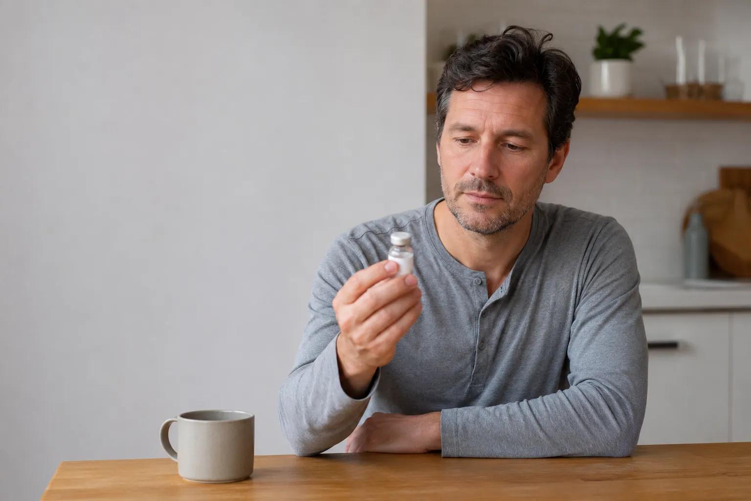 man reading testosterone vial label at kitchen table
